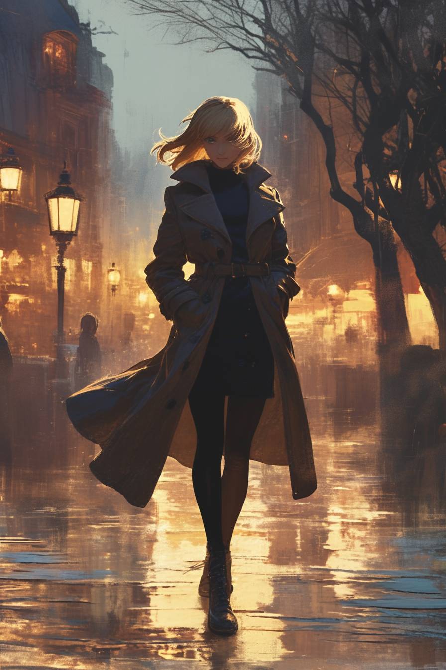 Saber from Fate/Stay Night is wearing Keira Knightley's classic casuals while walking through a misty town square.