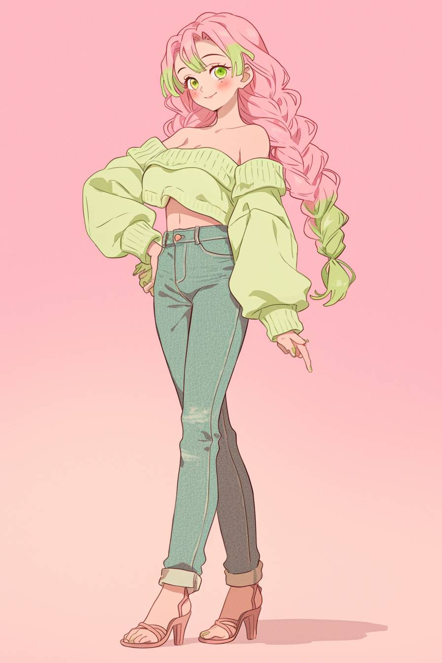 Un personnage frappant de style anime inspiré de Mitsuri Kanroji de Demon Slayer, avec des cheveux rose-vert, portant un pull en tricot court, un jean taille haute et des sandales à lanières, se tenant devant un fond de pêche propre avec un éclairage vibrant et chaud.