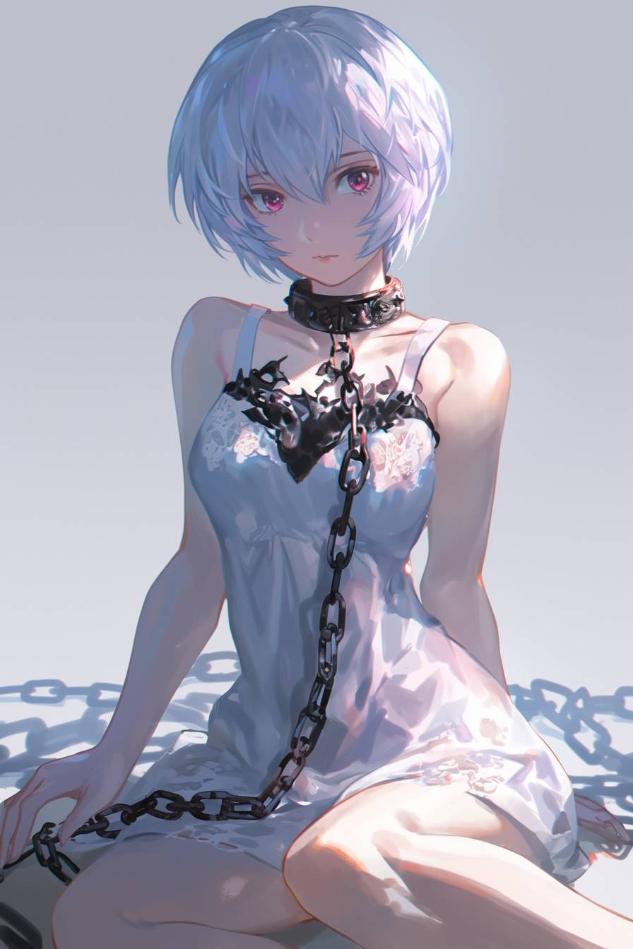 A beautiful Rei Ayanami in a sleeveless dress, sitting with chains around her neck.