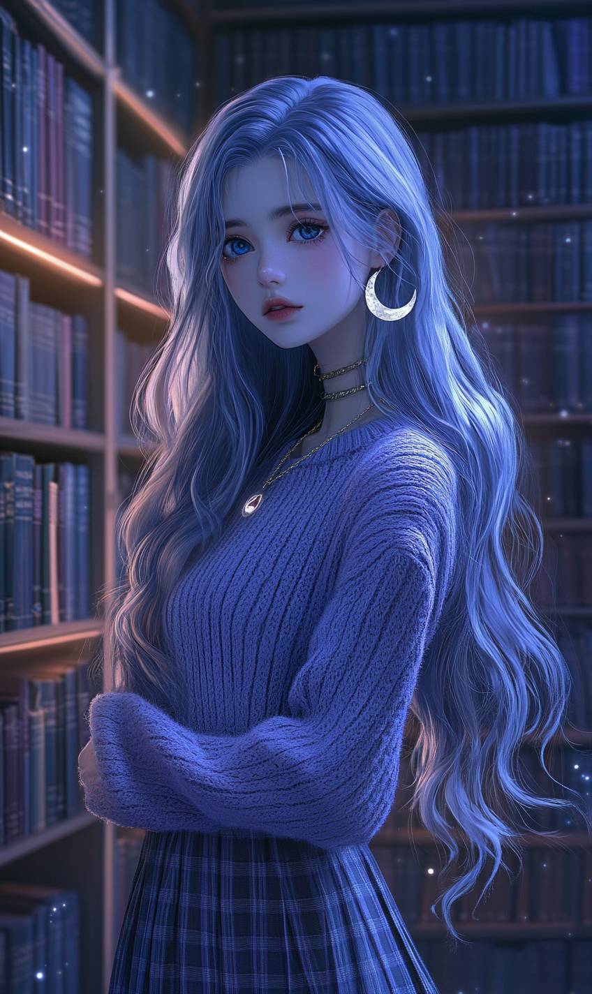 Dreamy anime girl with long blue hair, wearing a lilac knit sweater and plaid skirt in a grand library.