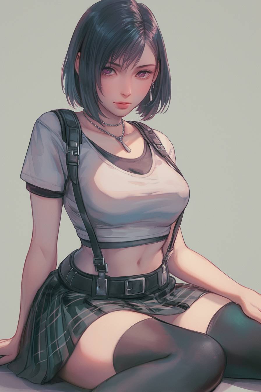 Una hermosa Tifa Lockhart con falda plisada y camiseta, ojos morados y cabello corto, sentada con cadenas alrededor del cuello.