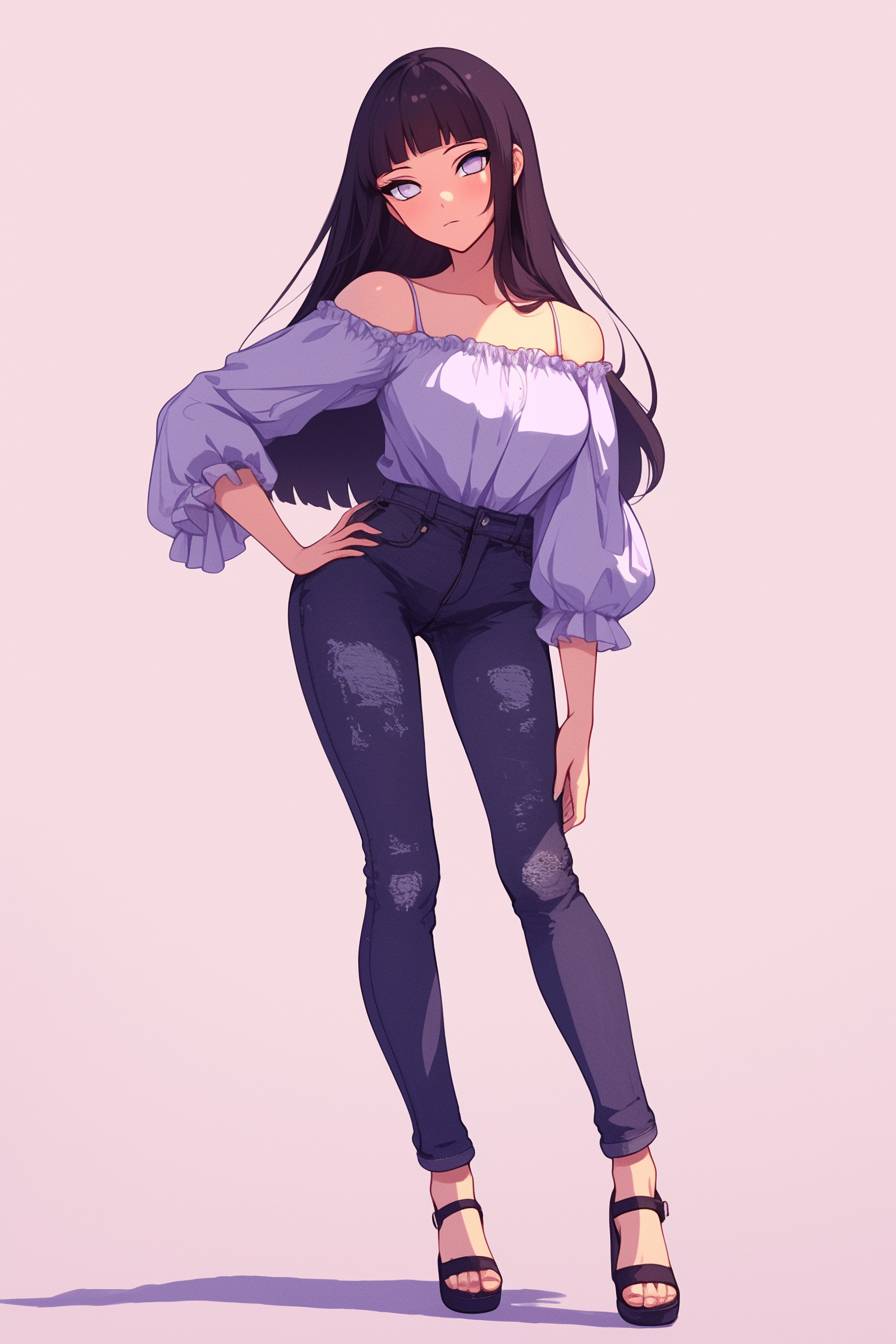 Un personnage féminin d'anime gracieux inspiré de Hinata Hyuga de Naruto, portant un haut fluide, un jean skinny et des sandales, posant doucement sur un fond lilas clair.