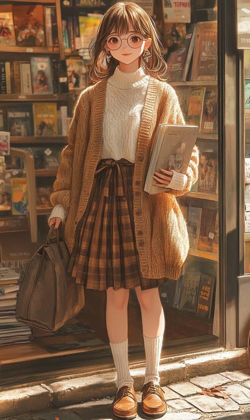 Retro anime girl in a high-waisted A-line skirt, knit cardigan, loafers, and round glasses in a bookstore setting with warm yellow tones.