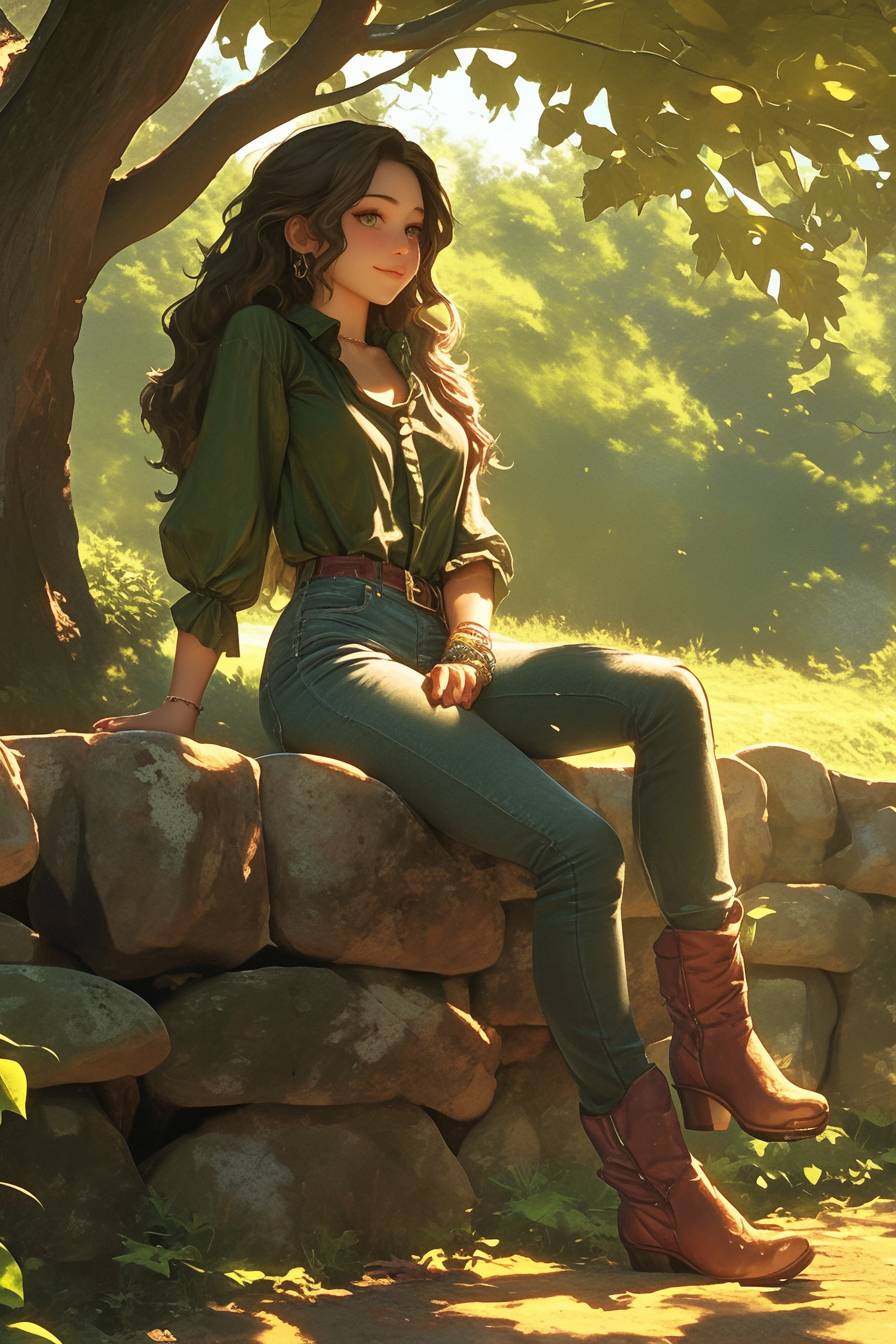 Shera L. Greenwood wearing Emma Watson's classic casuals, resting in a forest glade.