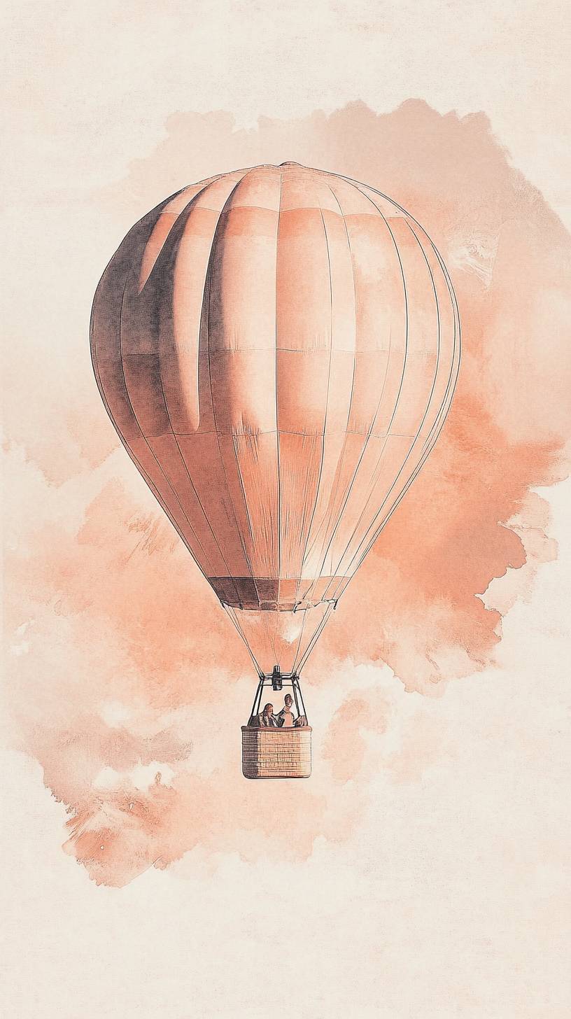 Subtle hot air balloon with soft peach strokes in a minimal design and airy composition