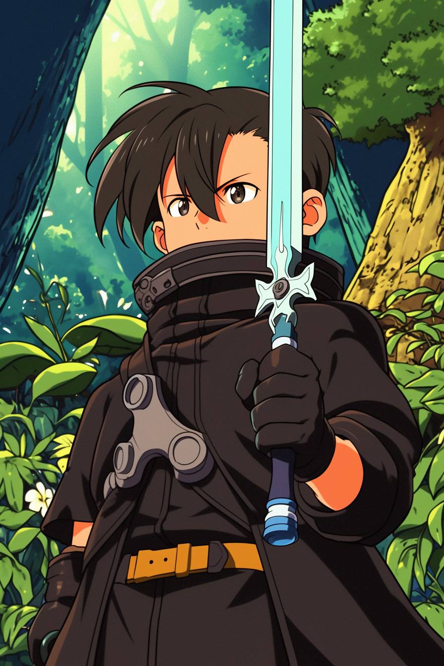 Taron Egerton déguisé en Kirito de Sword Art Online, portant un manteau noir et maniant deux épées dans une forêt de réalité virtuelle.