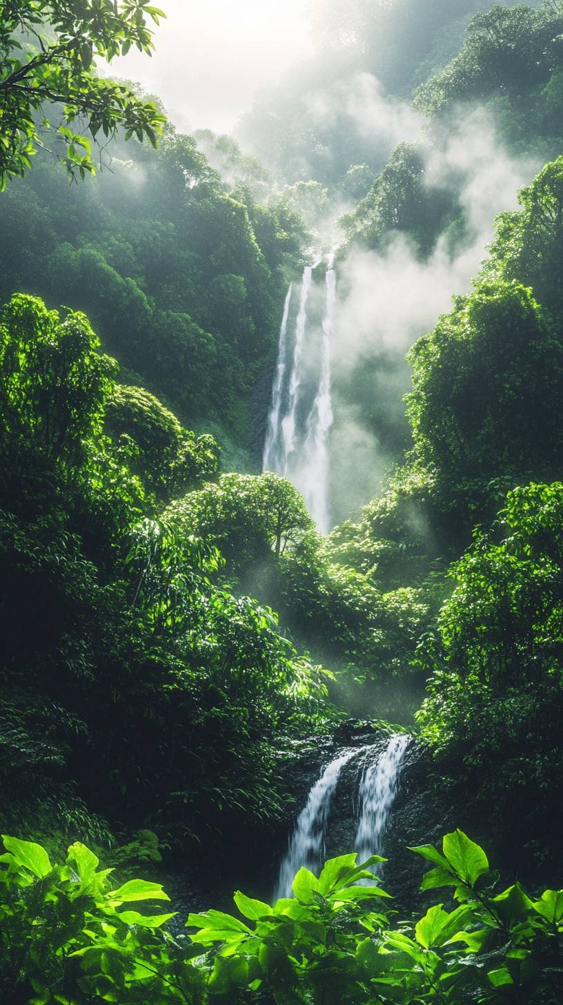 一片生機勃勃的熱帶雨林，瀑布奔流，郁郁蔥蔥的植物，地面升騰着霧氣。