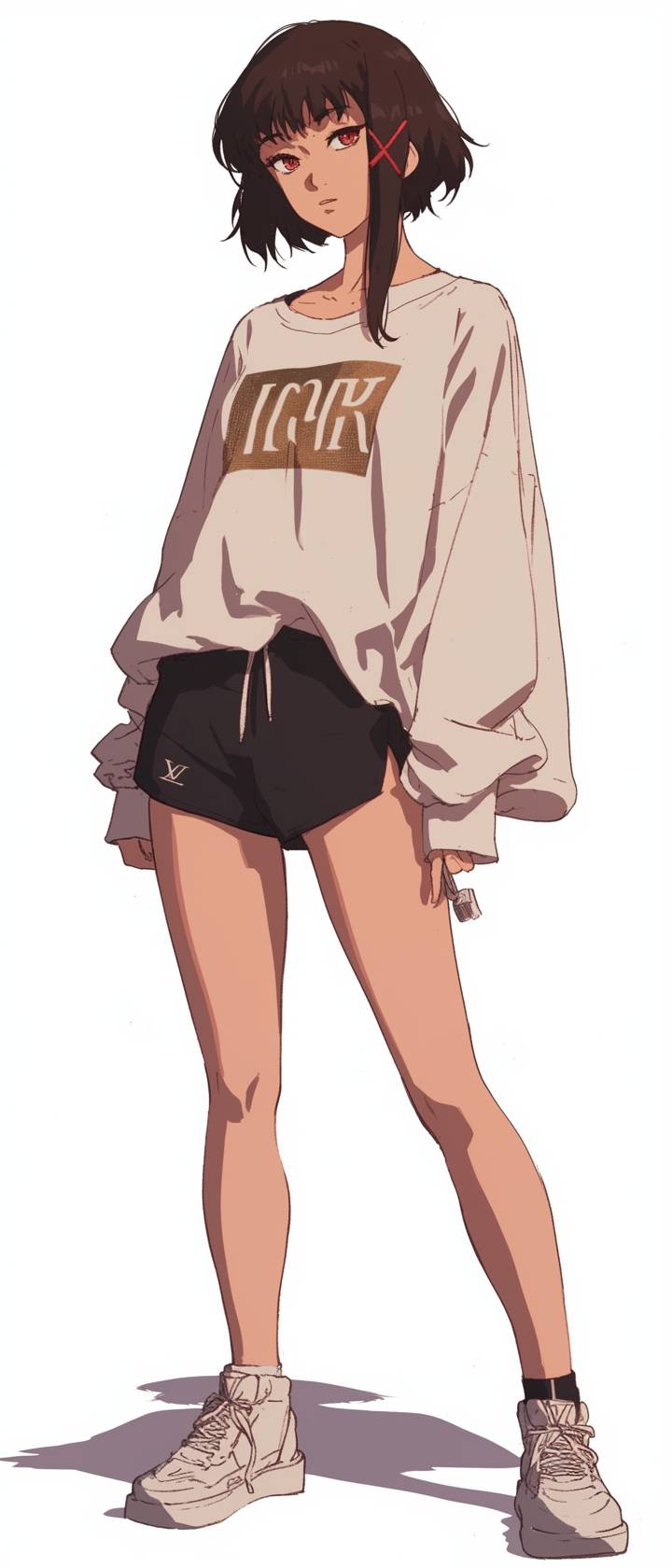 Zendaya cosplaying as Lain Iwakura from Serial Experiments Lain, wearing a Louis Vuitton brown bob wig, white oversized shirt, and black shorts.