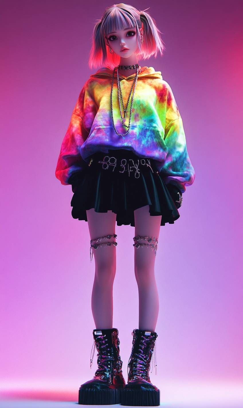 Chica de anime a la moda con cabello hasta los hombros y mechas, vistiendo un hoodie de tie-dye, falda mini negra, zapatos de plataforma gruesos y collares en capas, con luces brillantes.