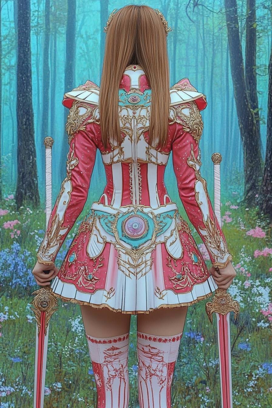 Ariana Grande en cosplay d'Asuna Yuuki de Sword Art Online, portant une tenue de chevalier rouge et blanche, tenant un rapier dans une forêt fantastique.