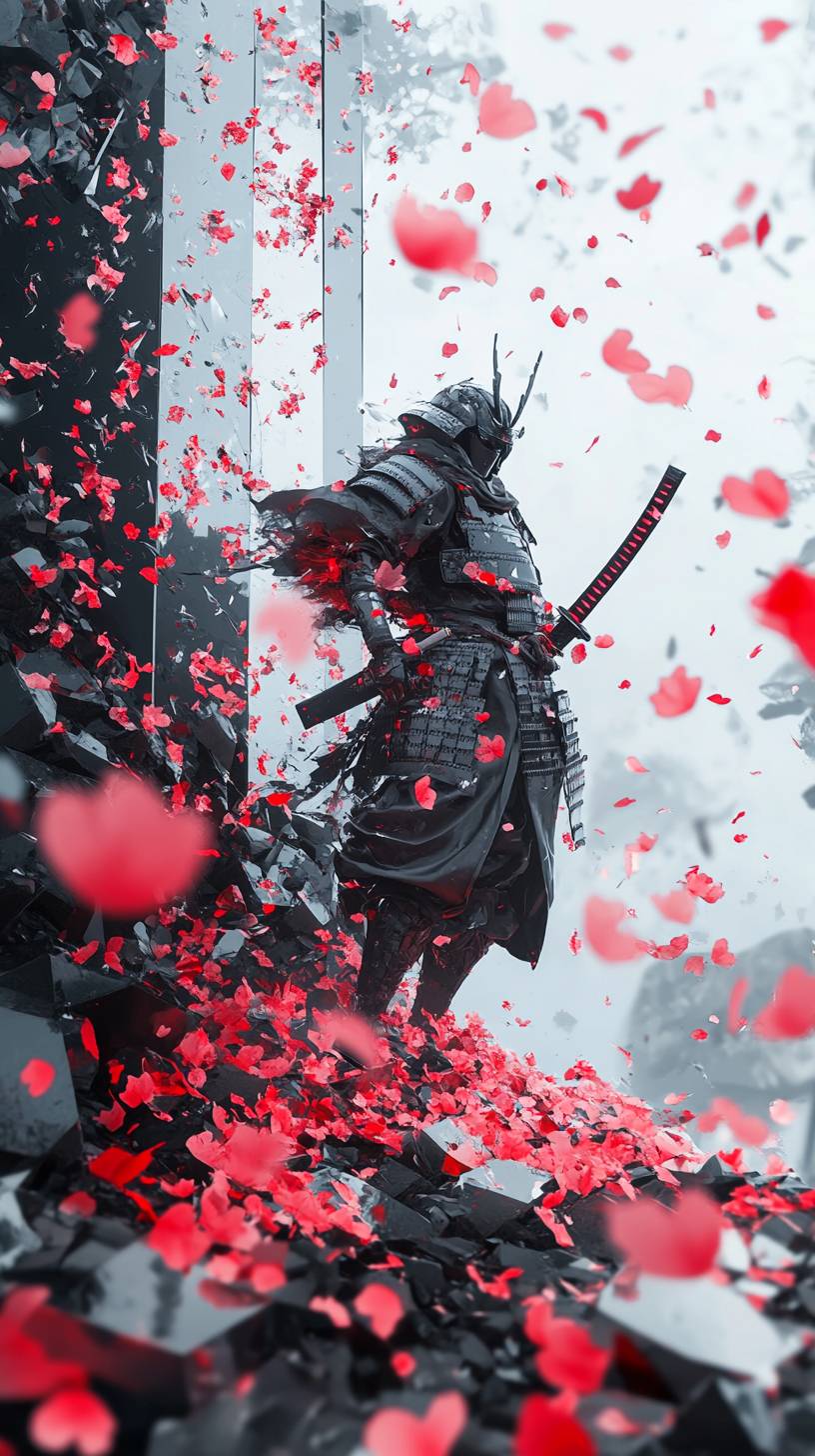 Un guerrier samouraï futuriste se tient sur une falaise de miroirs brisés, avec des fleurs de cerisier tombant au ralenti, un monochrome incisif avec des accents rouges.