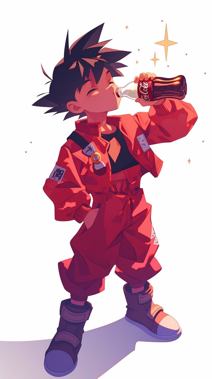 Un niño lindo con ropa roja bebe Coca-Cola, escupiendo burbujas, inspirado en Goku de Dragon Ball.