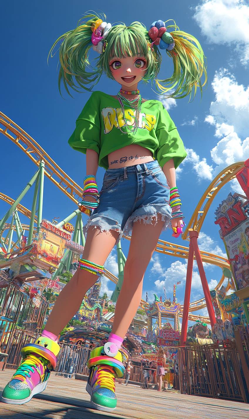 エネルギッシュなアニメの女の子が、バウンシーなツインテールをし、ネオングリーンのオーバーサイズTシャツ、デニムショートパンツ、虹色のスニーカー、ブレスレットを身に着けています。