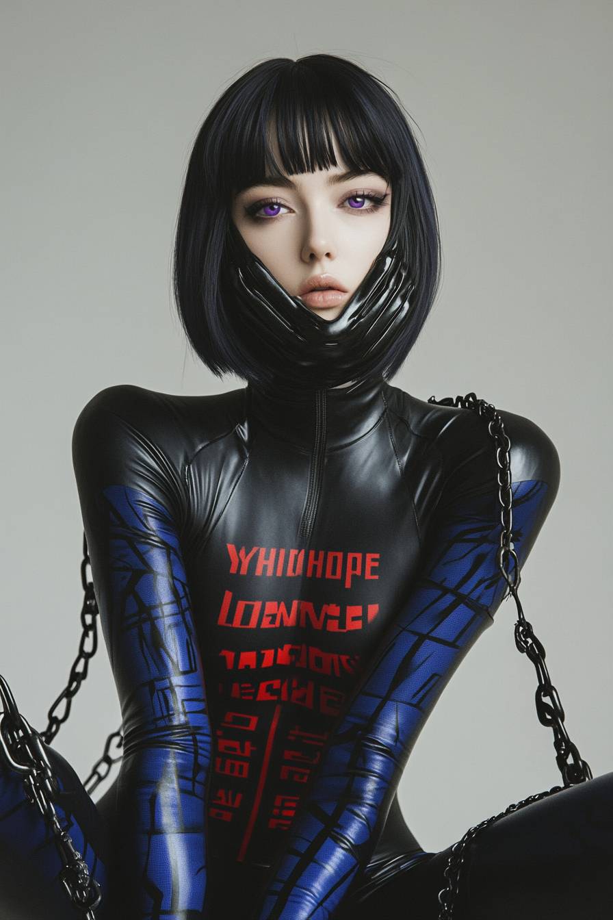 Saoirse Ronan in a black and blue bodysuit with red text, seated, wearing chains around her neck, against a grey background.