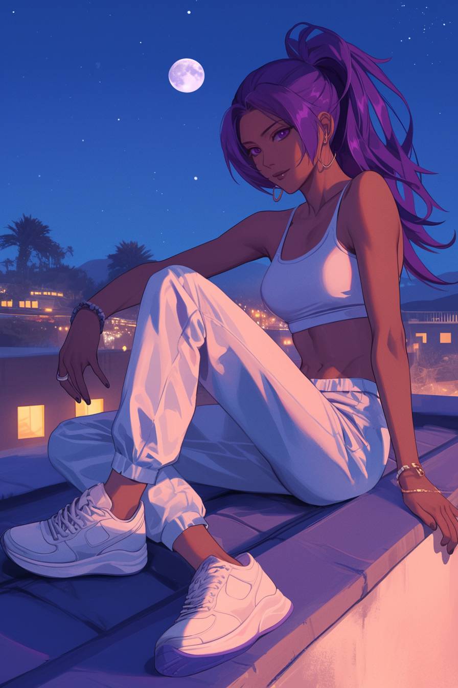 Yoruichi de Bleach está usando roupas casuais esportivas de Ariana Grande enquanto relaxa em um telhado sob um céu estrelado.