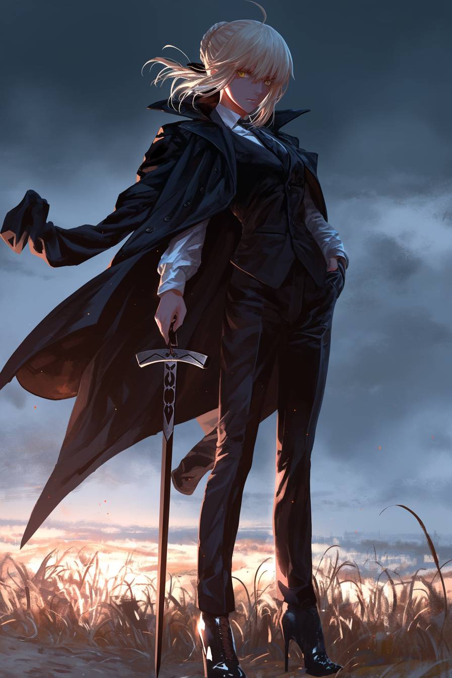 Saber Alter con el elegante look de Blake Lively, vistiendo un abrigo a medida, pantalones y tacones, de pie en un campo de batalla con niebla.