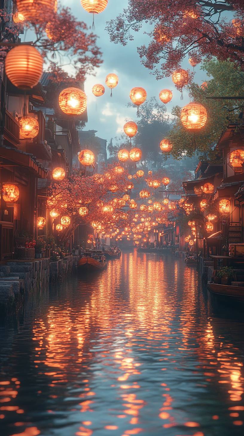 A glowing lantern festival over a calm river, in warm oranges and reds, serene and detailed.