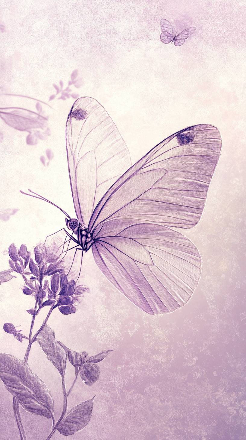 Subtle butterfly sketch with pale lavender lines and delicate design on an open backdrop.