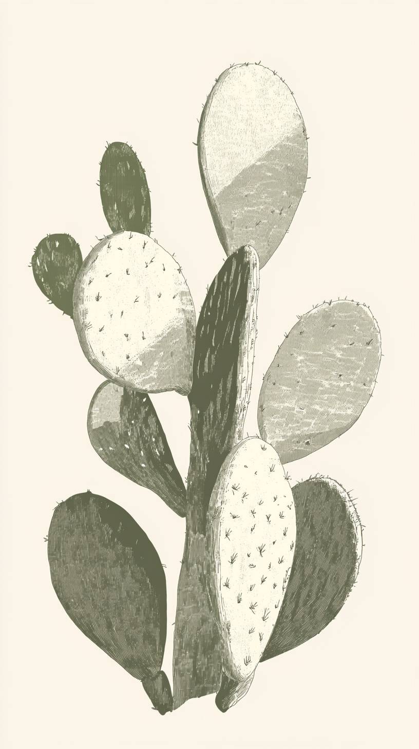 Subtle cactus sketch in light sage tones with clean lines and modern simplicity.