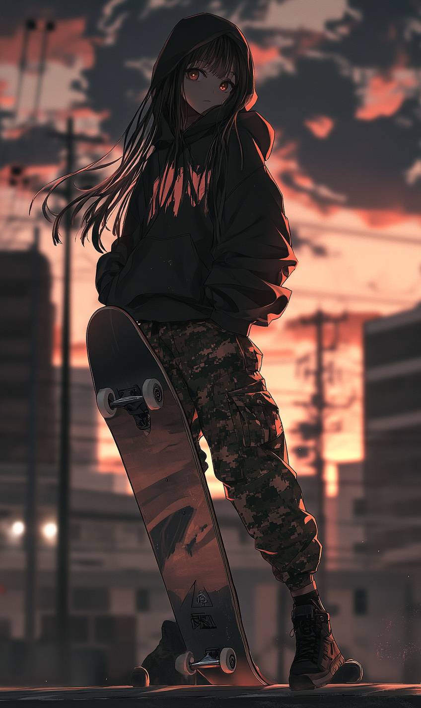 An edgy anime girl in a black hoodie and camo pants, holding a skateboard against an underground parking lot backdrop with strong light-shadow play.