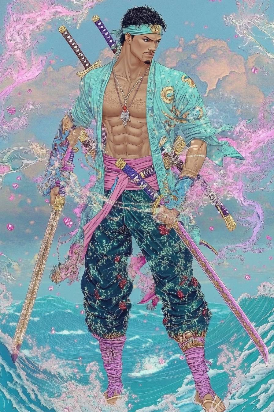 Jason Momoa est déguisé en Zoro de One Piece, portant un bandana vert et brandissant trois épées, avec un fond de mer orageuse dans un style anime vibrant.