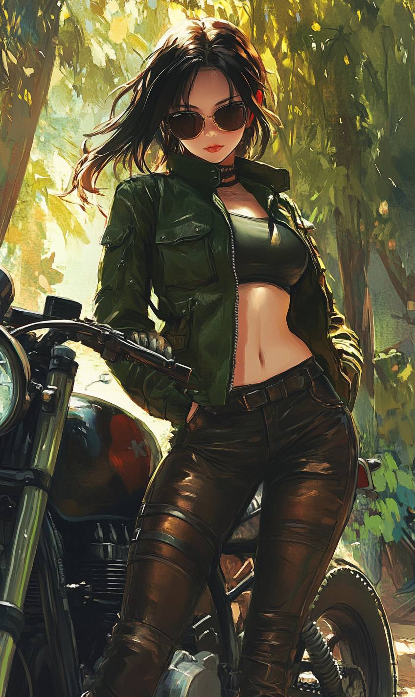 Uma garota de anime badass em uma jaqueta verde do exército, calças justas e botas de couro, usando óculos de sol ao lado de uma motocicleta.