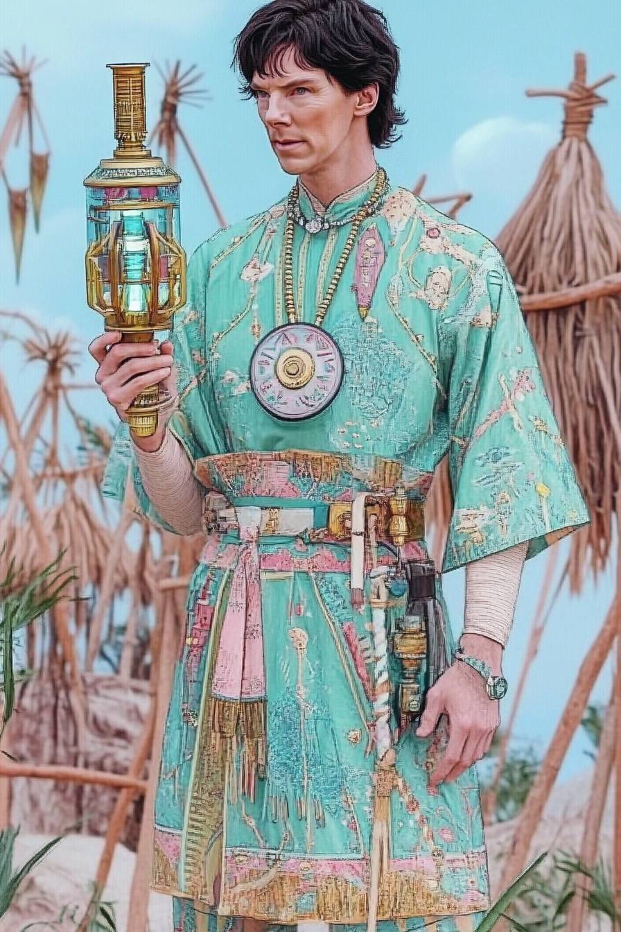 Benedict Cumberbatch cosplaying as Senku Ishigami from Dr. Stone, wearing a green tunic and holding a science tool in a stone age village.