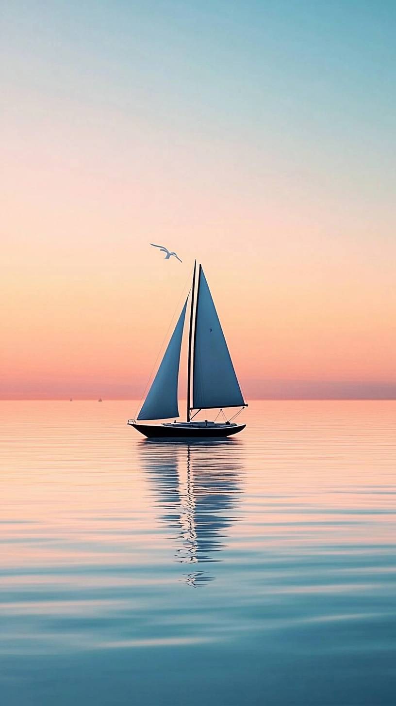 Minimalist sailboat on a calm sea at sunset.