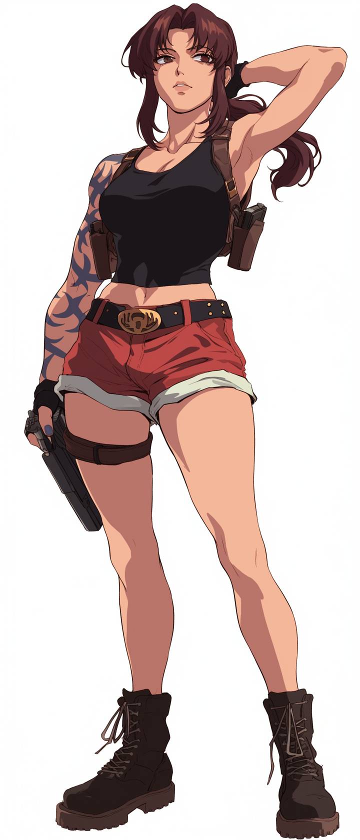 Florence Pugh cosplaying as Revy from Black Lagoon, wearing Balmain black tank, red shorts, black boots.