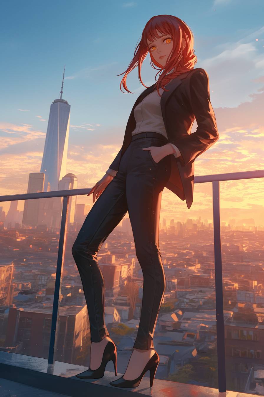 Makima from Chainsaw Man wears Blake Lively's chic look with a tailored blazer, skinny jeans, and heels, standing on a city rooftop at twilight with a soft golden hour glow, exuding mysterious allure.