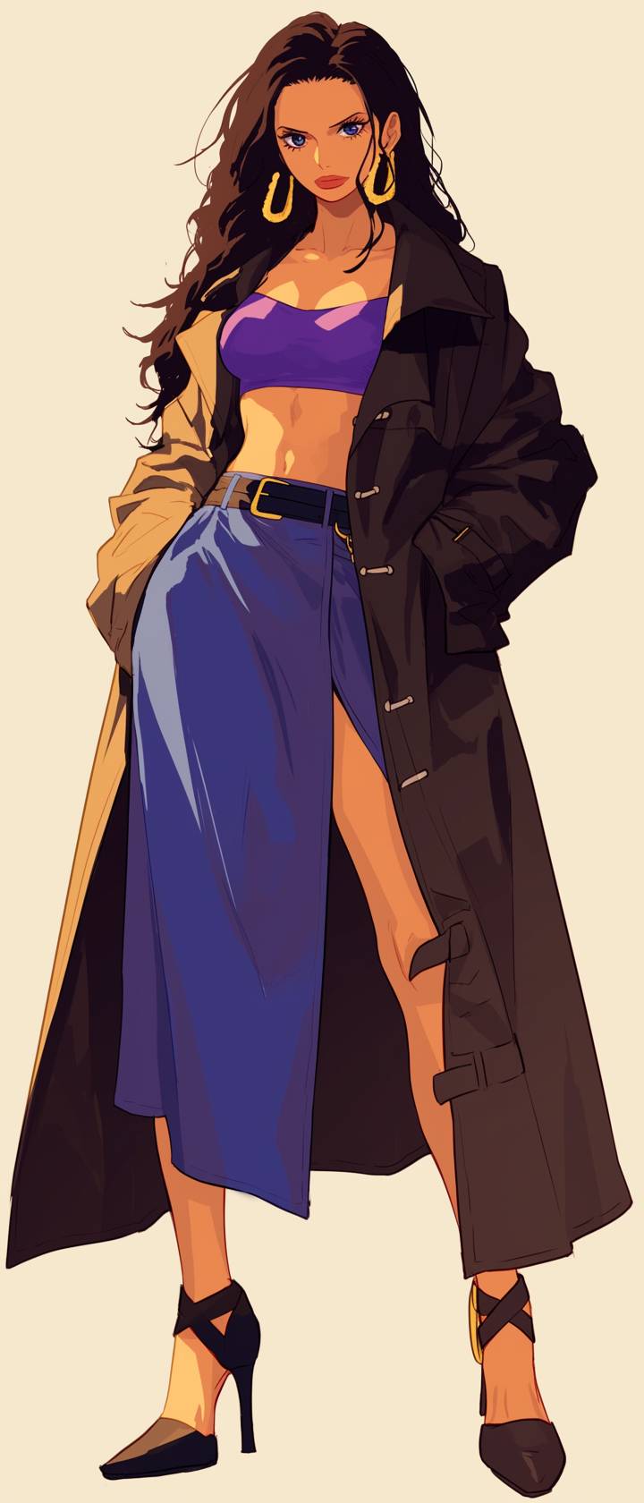 Rihanna als Nico Robin aus One Piece verkleidet, trägt einen schwarzen Fenty-Trenchcoat, ein lila Crop-Top, goldene Ohrringe, einen blauen Rock und schwarze High Heels.