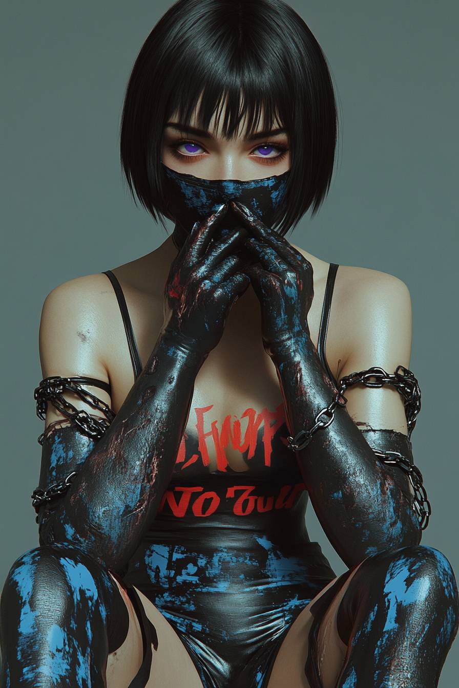 Florence Pugh in a black and blue bodysuit with red text, long fingerless gloves, bob cut dark hair, and purple eyes, sitting with chains around her neck.