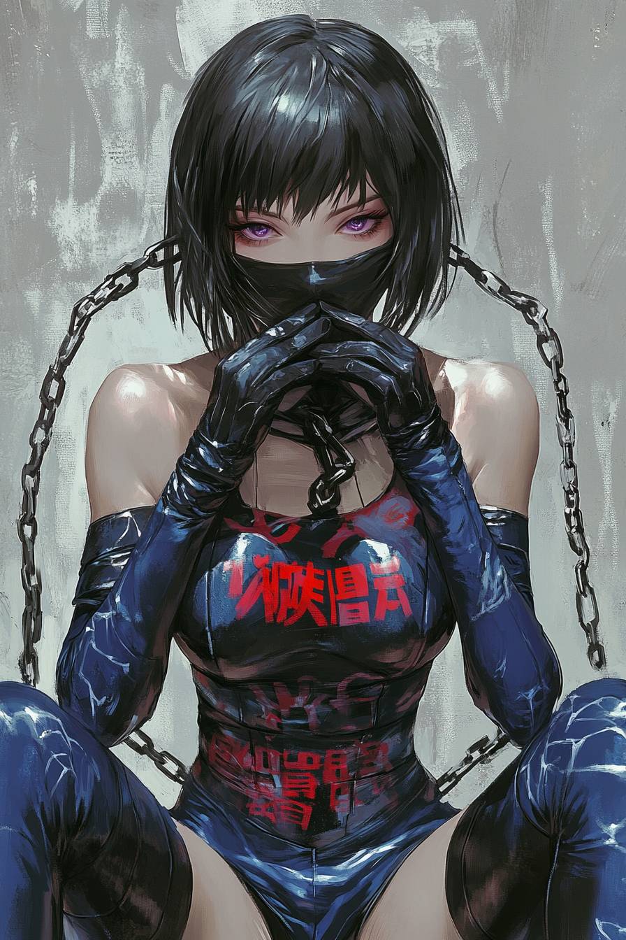 A beautiful Akame in a black and blue bodysuit with an open face mask, sitting with chains and a grey background.