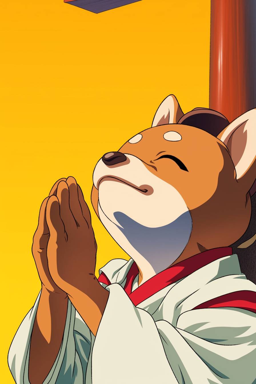 Lovely Shiba Inu, clasping my hands, wishing you well.