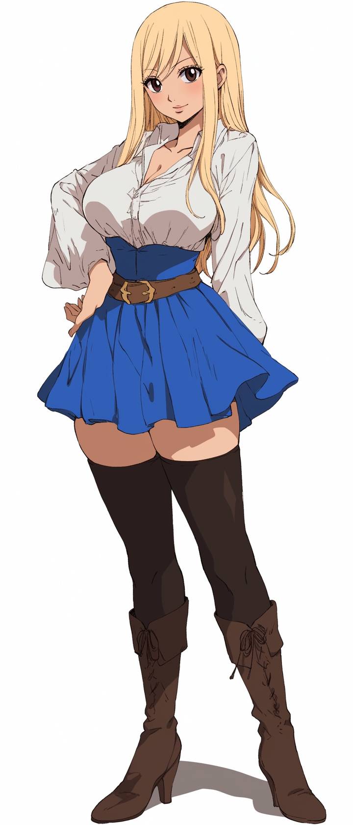 Brooks Nader cosplaying as Lucy Heartfilia from Fairy Tail, wearing a white blouse and blue pleated skirt.