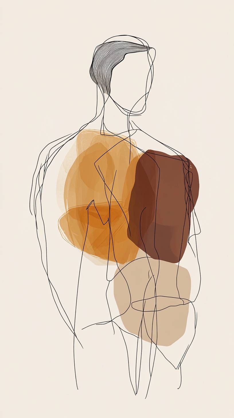 Figure humaine minimaliste, art en ligne unique, teintes taupe chaudes, croquis moderne