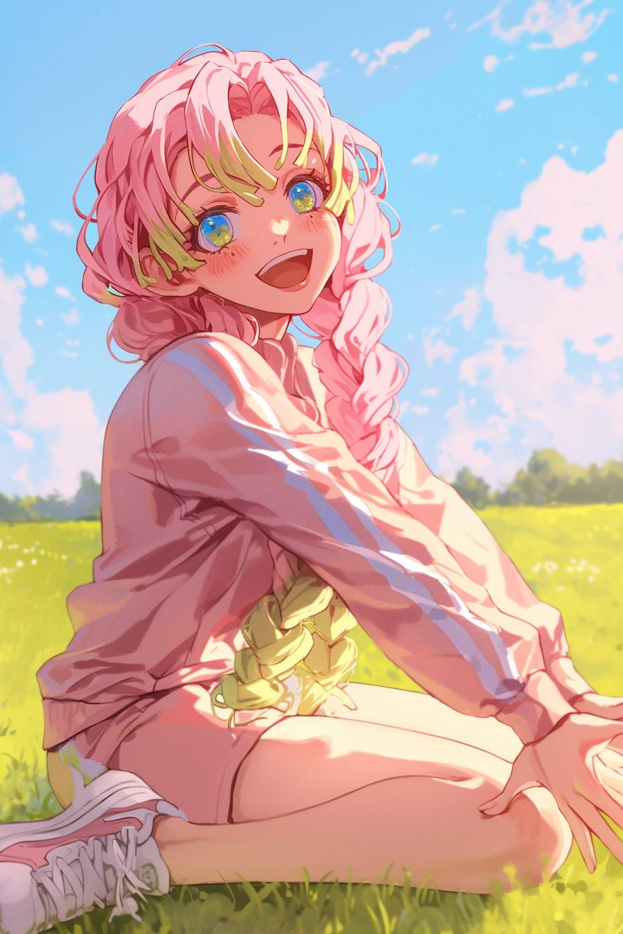 Mitsuri Kanroji from Demon Slayer is wearing Gigi Hadid's athleisure, stretching in a sunny meadow.