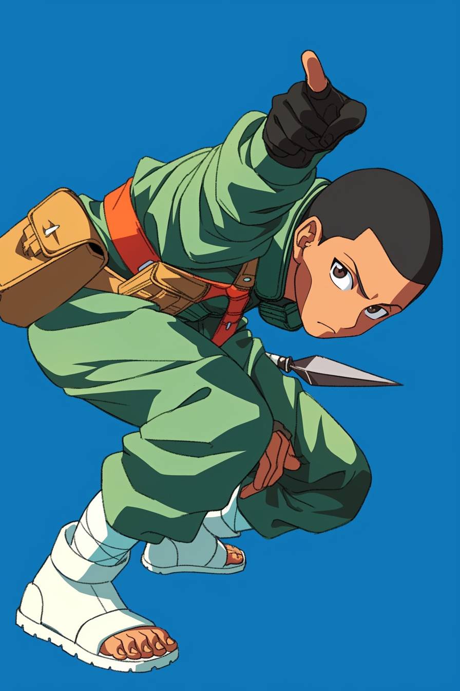 Michael B. Jordan fazendo cosplay de Rock Lee de Naruto, vestindo um macacão verde, em uma pose dinâmica de taijutsu, em um campo de treinamento, no estilo vibrante de anime.