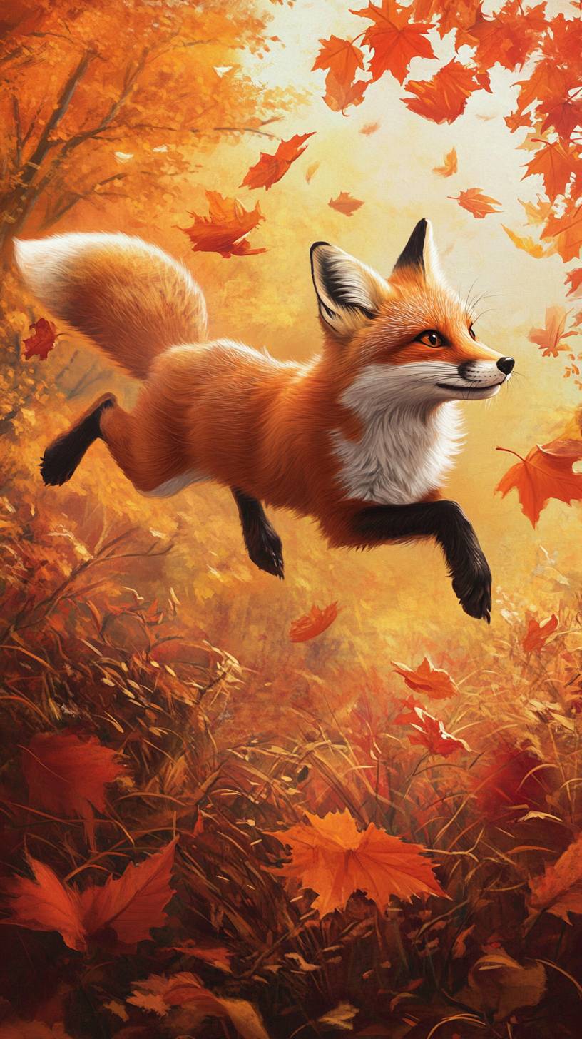 A playful fox jumping through vibrant autumn leaves in orange and red.