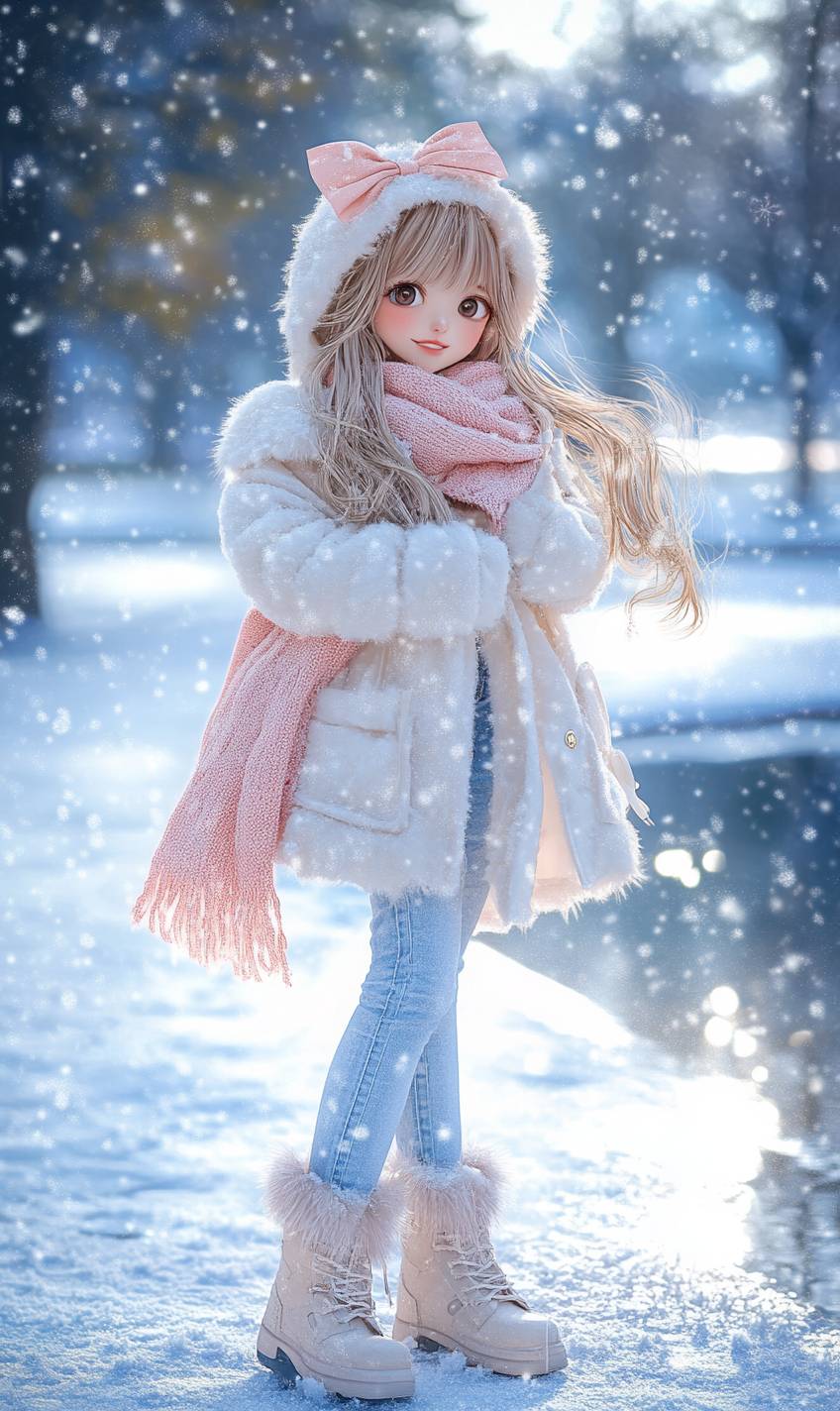 A cute anime girl with long hair wearing a fluffy white coat and pink scarf in a snowy park.