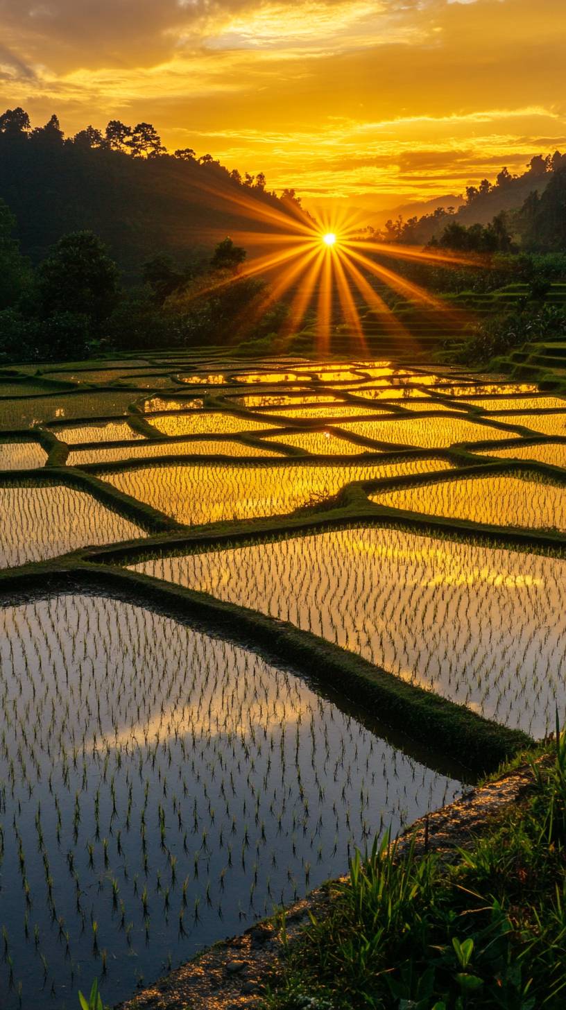 Arrozais pacíficos refletindo um amanhecer dourado