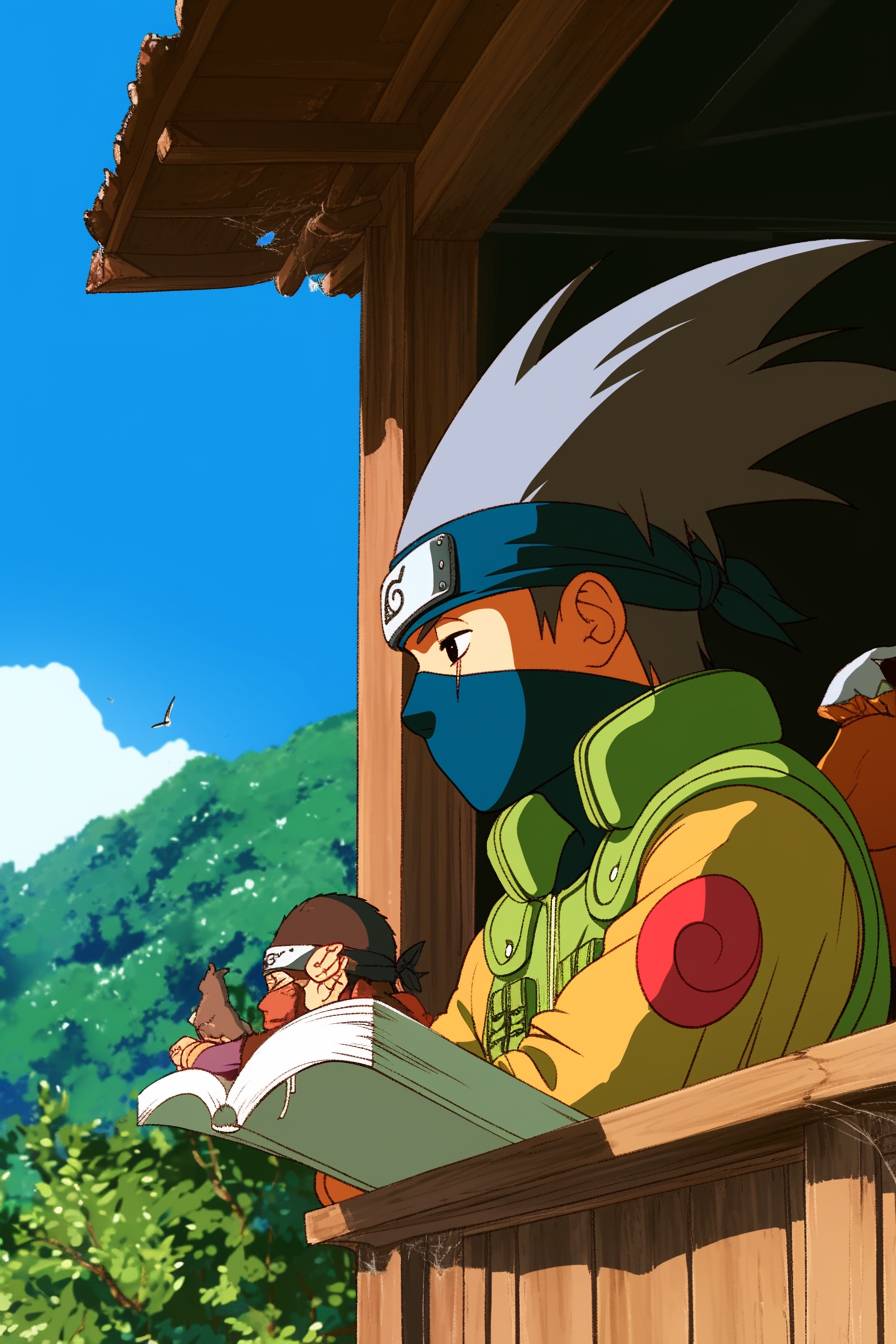 Pedro Pascal se fantasiando de Kakashi de Naruto, vestindo um colete verde e uma faixa na cabeça, lendo um livro.