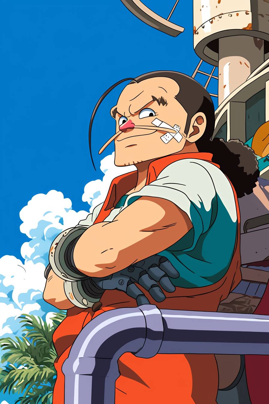 Jack Black fantasiado de Franky de One Piece, vestindo uma camisa azul e braços robóticos, posando em um navio.