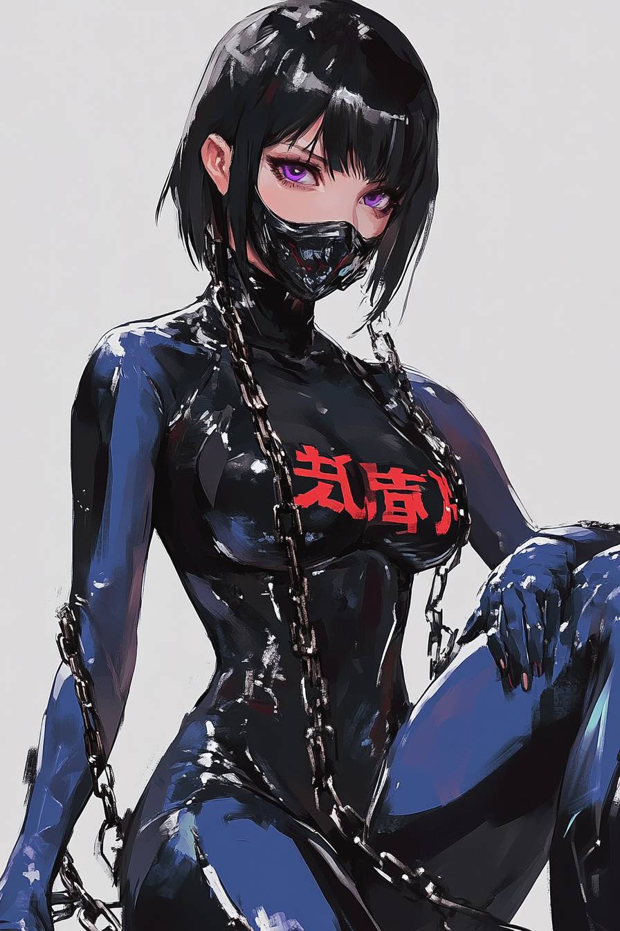 A beautiful Chun-Li in a black and blue bodysuit with red text, short bob cut dark hair, and an open face mask, sitting with chains around her neck.