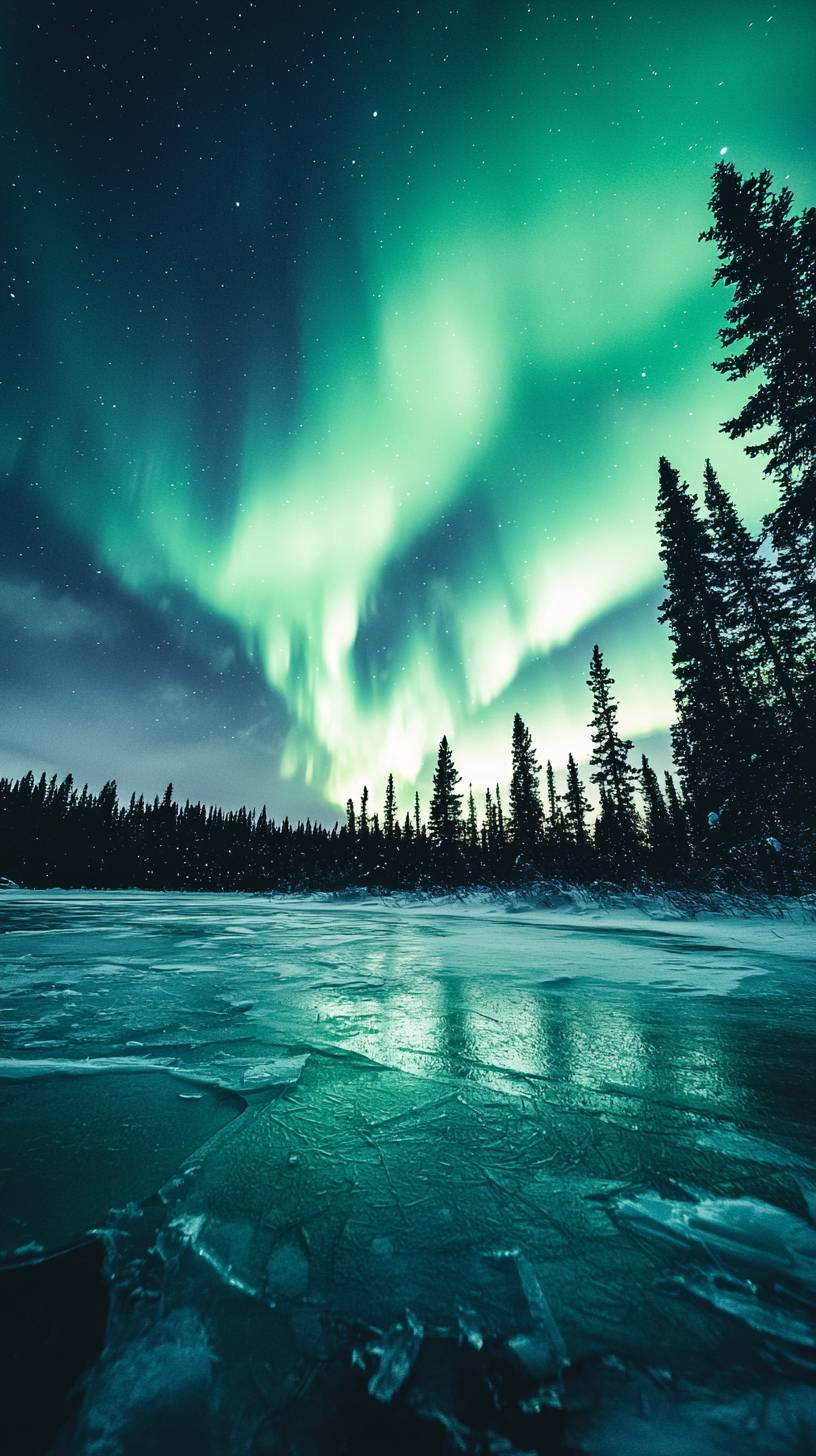 The aurora borealis dances over a frozen lake, surrounded by dark pine trees in vivid greens and purples.