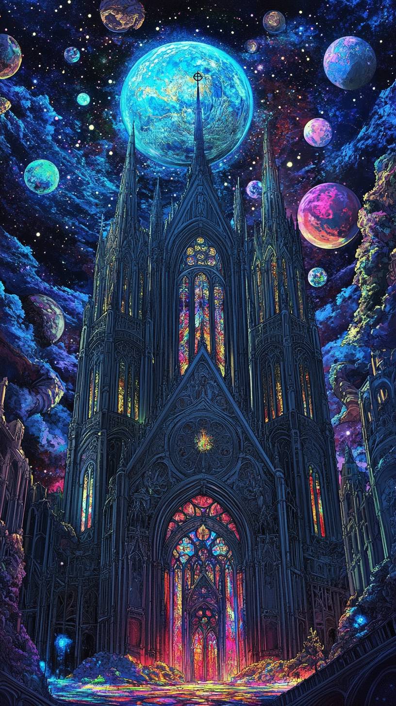 Une cathédrale gothique flottant dans l'espace, ses vitraux illuminés présentant des scènes de mondes extraterrestres.