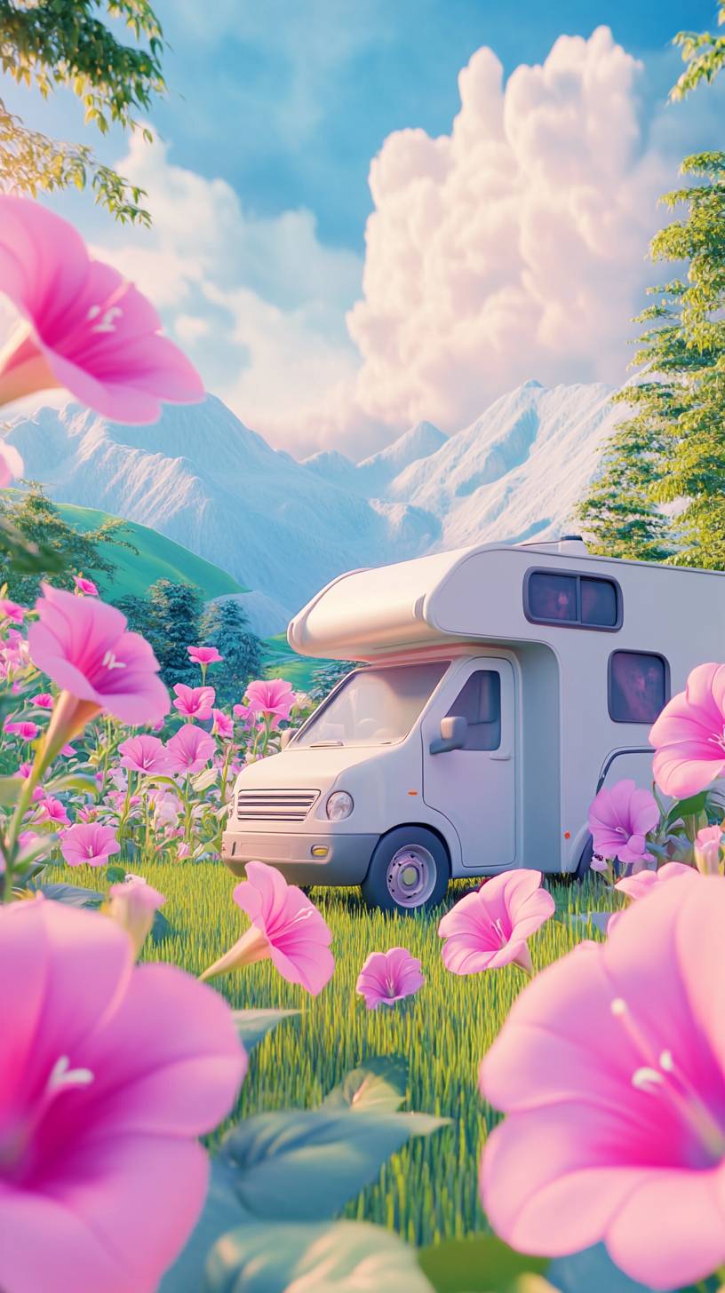 A cute camping car surrounded by huge pink morning glory flowers, with a grassy landscape in the background, depicted in a soft, minimalist style.