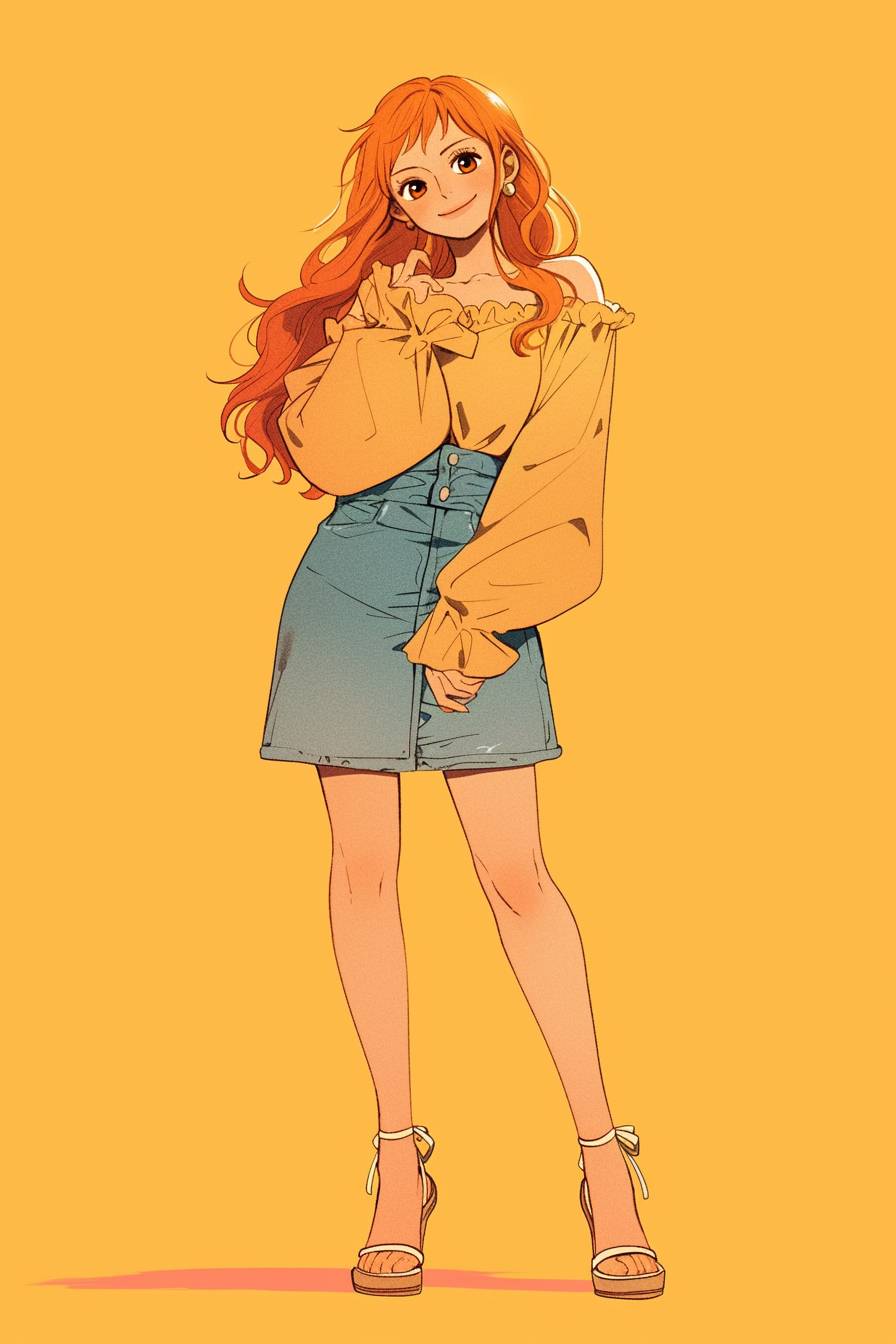 Un personnage d'anime inspiré de Nami de One Piece avec des cheveux orange portant une combinaison de chemise en jean et jupe, se tenant devant un mur minimaliste pêche.