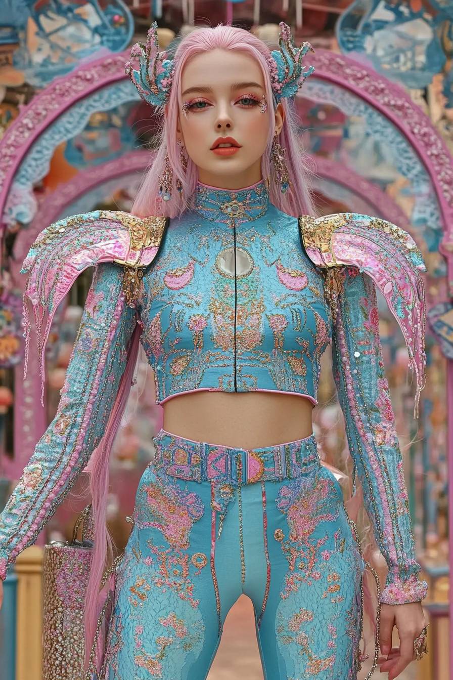 Katy Perry se vestindo como Jinx de Arcane, com um traje azul e rosa em um cenário urbano caótico.