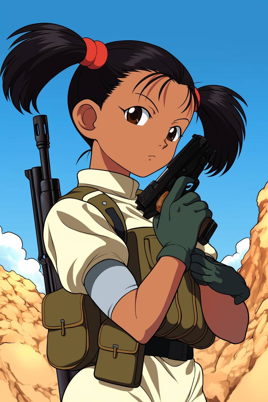 Yara Shahidi cosplaying as Riza Hawkeye from Fullmetal Alchemist in a military uniform, holding a gun at a desert base.